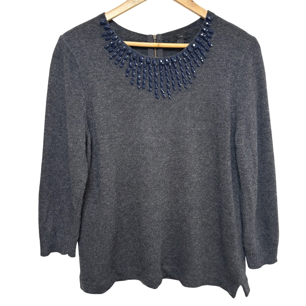 J. Crew Womens Embellished Jewel Neck‎ Sweater Large Gray Wool Blend Preppy Y2K